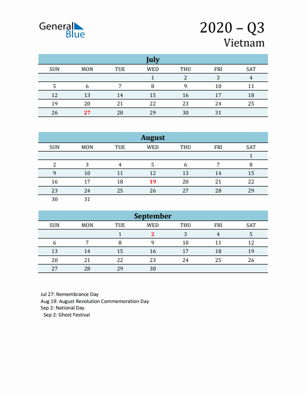 Three-Month Planner for Q3 2020 with Holidays - Vietnam