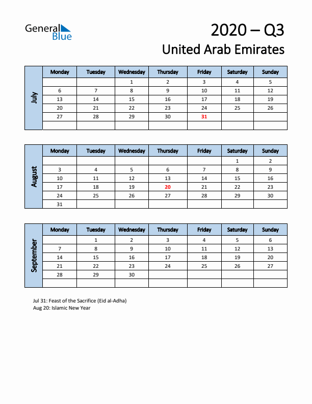 Free Q3 2020 Calendar for United Arab Emirates - Monday Start