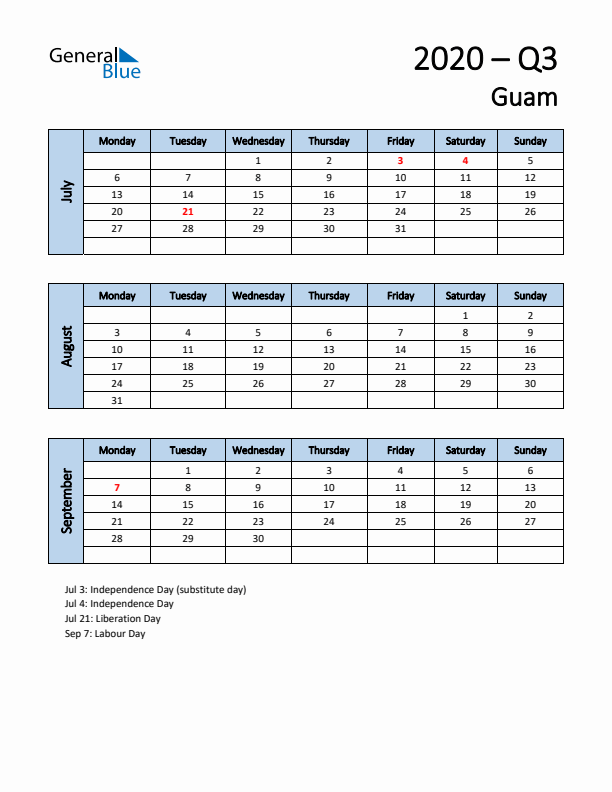 Free Q3 2020 Calendar for Guam - Monday Start