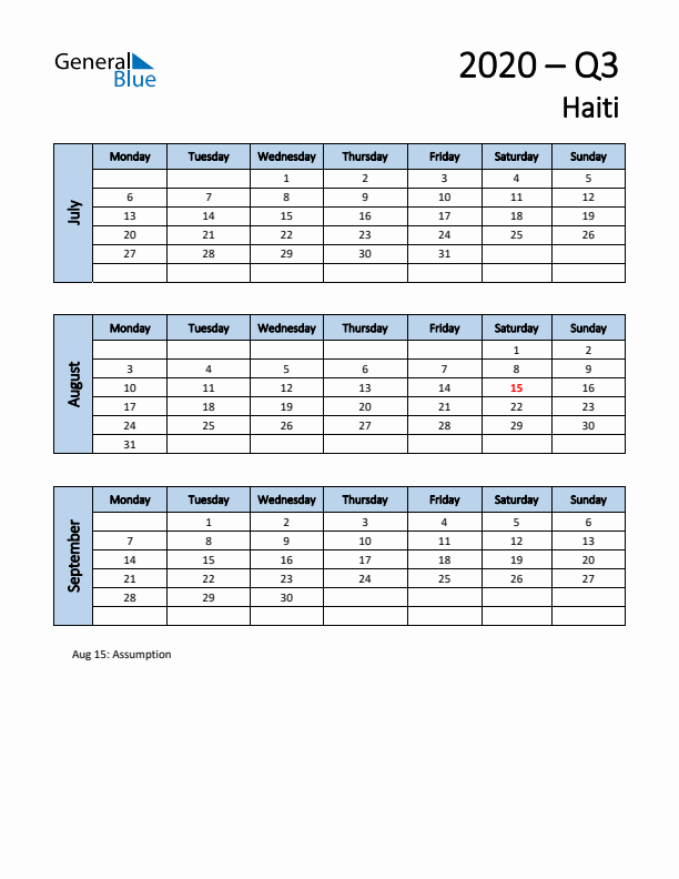 Free Q3 2020 Calendar for Haiti - Monday Start