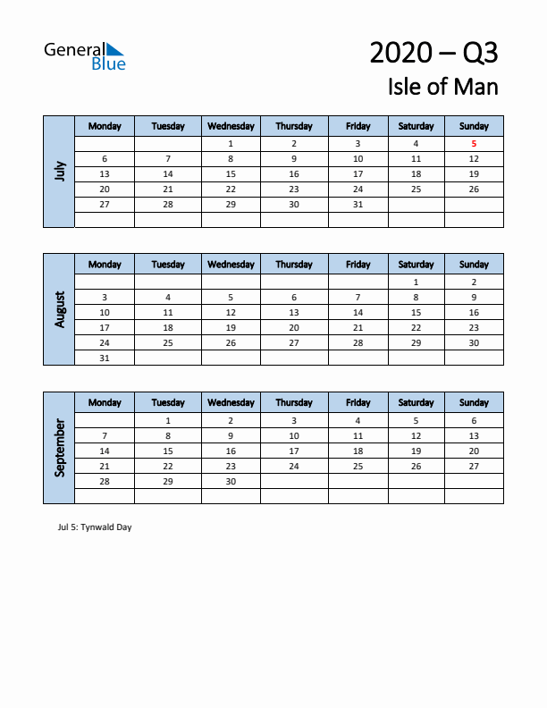 Free Q3 2020 Calendar for Isle of Man - Monday Start