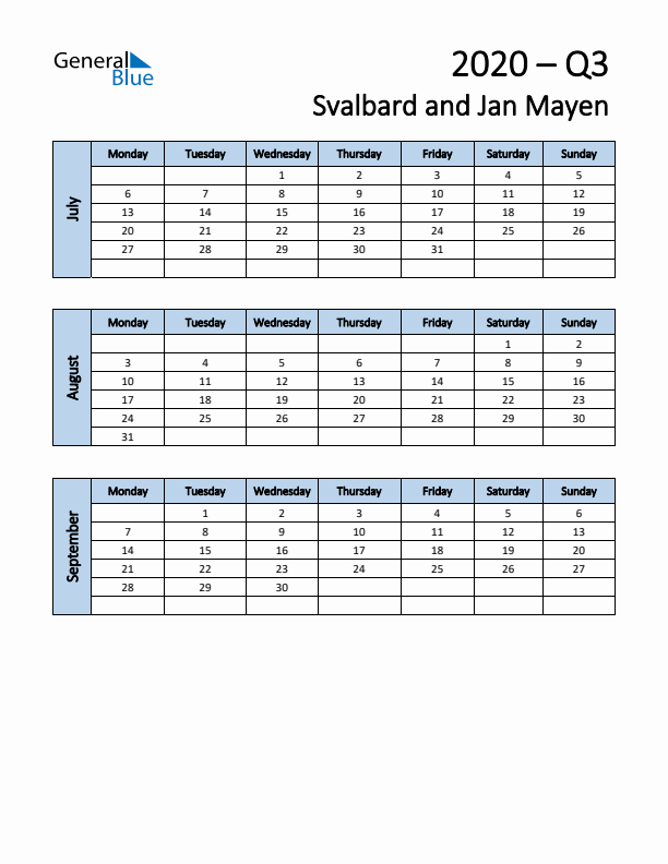 Free Q3 2020 Calendar for Svalbard and Jan Mayen - Monday Start