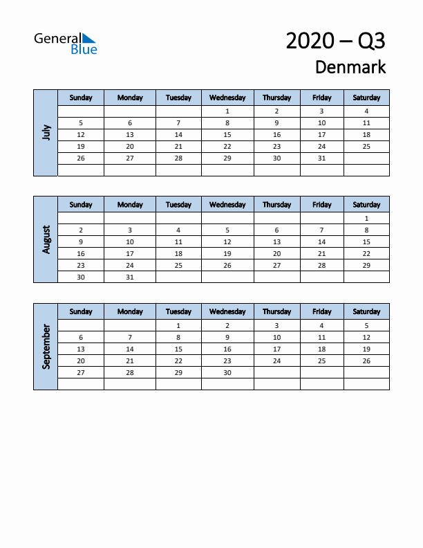 Free Q3 2020 Calendar for Denmark - Sunday Start