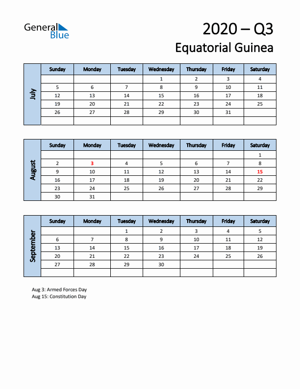 Free Q3 2020 Calendar for Equatorial Guinea - Sunday Start