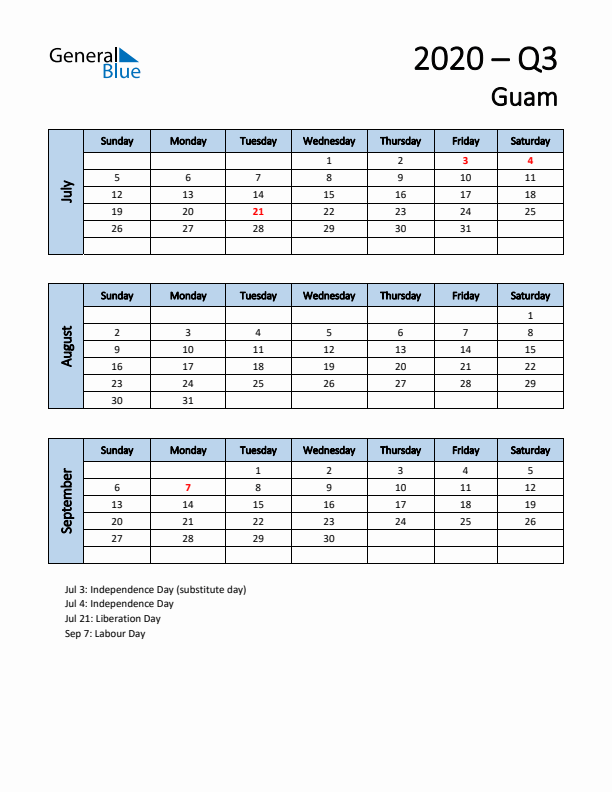 Free Q3 2020 Calendar for Guam - Sunday Start