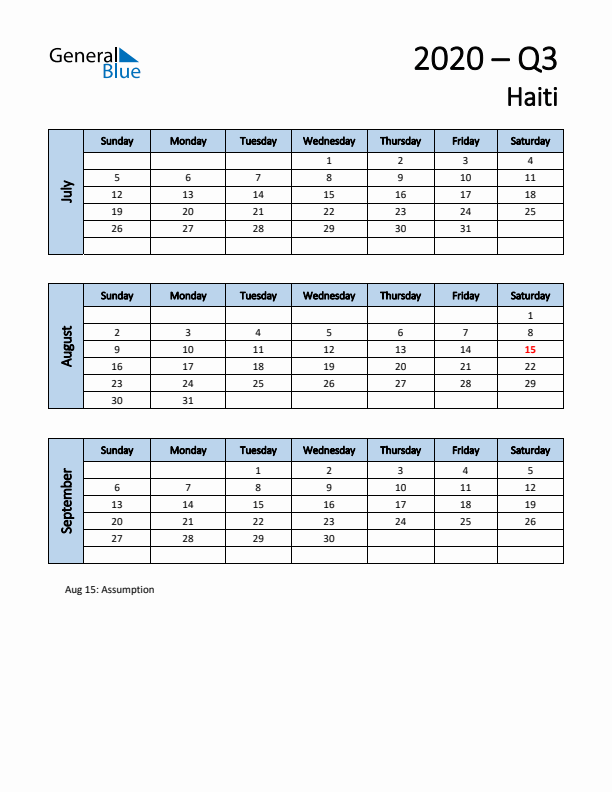 Free Q3 2020 Calendar for Haiti - Sunday Start