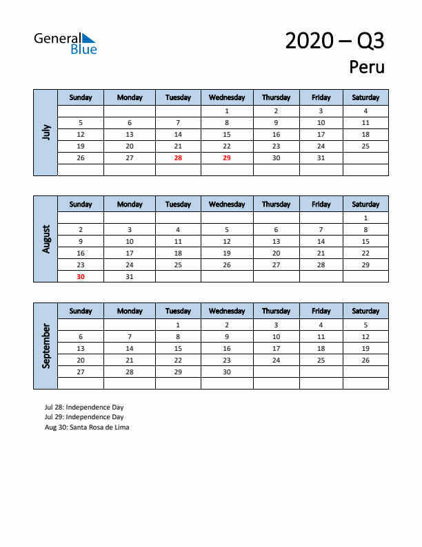 Free Q3 2020 Calendar for Peru - Sunday Start