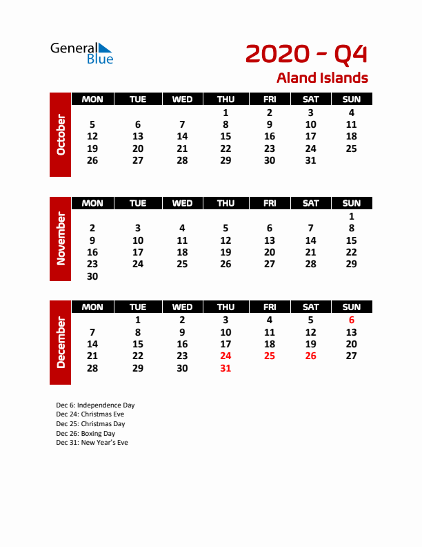 Q4 2020 Calendar with Holidays in Aland Islands