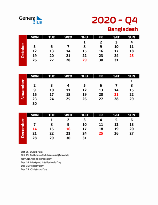 Q4 2020 Calendar with Holidays in Bangladesh