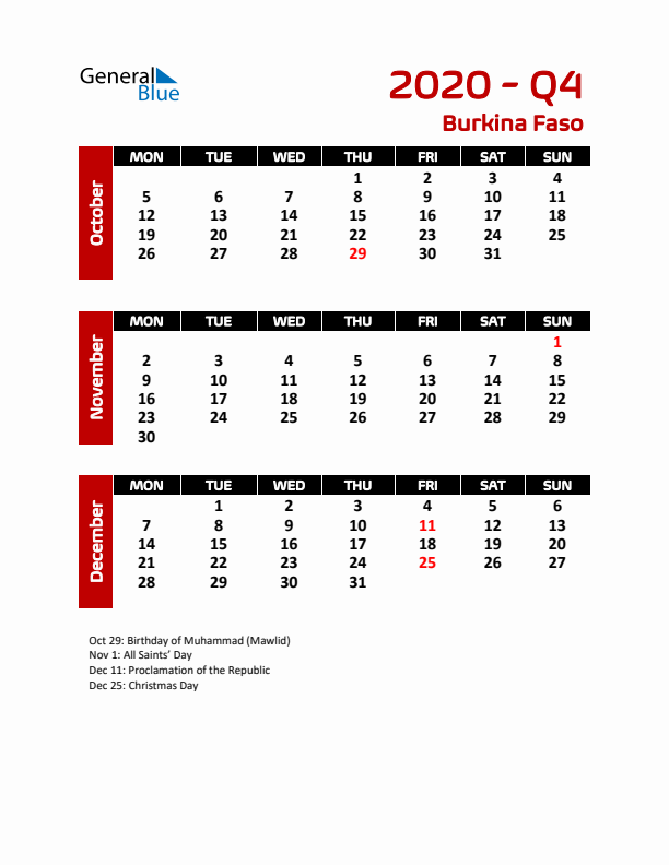 Q4 2020 Calendar with Holidays in Burkina Faso