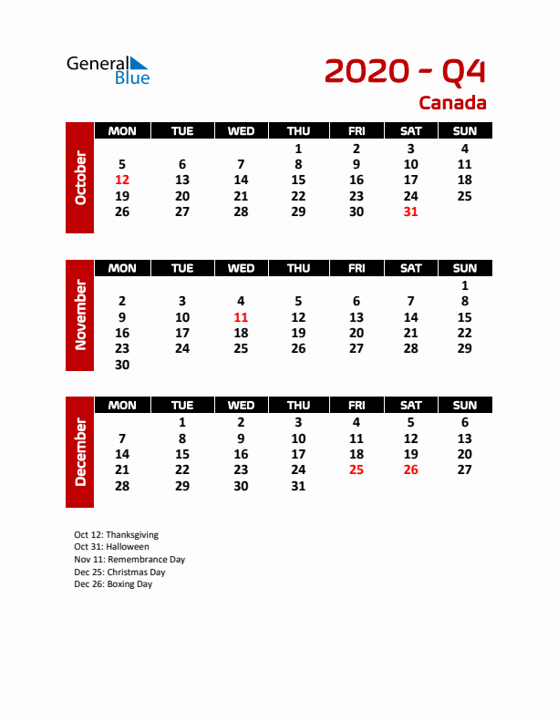 Q4 2020 Calendar with Holidays in Canada