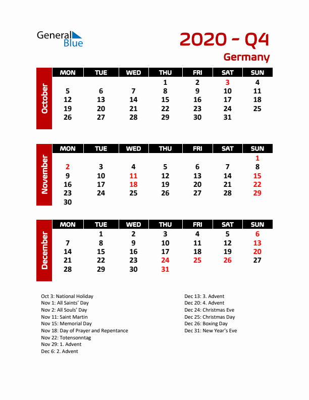 Q4 2020 Calendar with Holidays in Germany