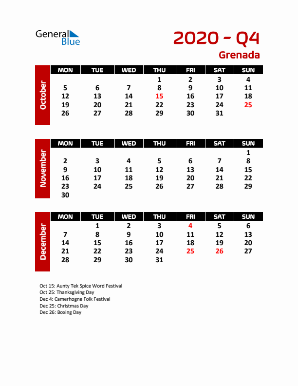 Q4 2020 Calendar with Holidays in Grenada