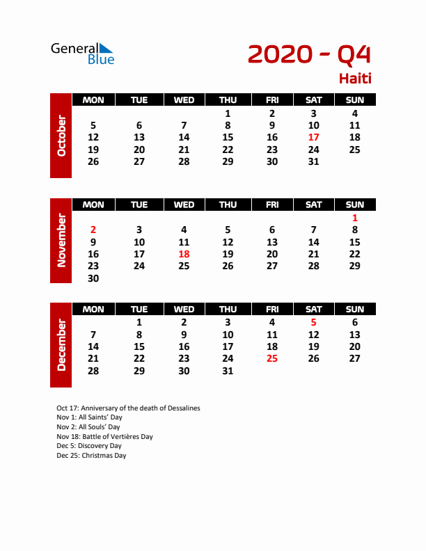 Q4 2020 Calendar with Holidays in Haiti