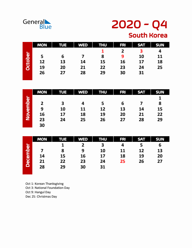 Q4 2020 Calendar with Holidays in South Korea