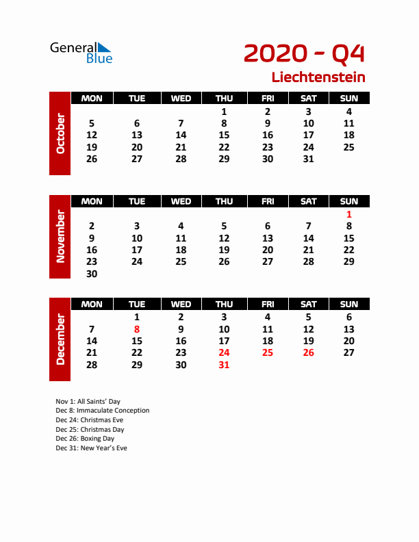 Q4 2020 Calendar with Holidays in Liechtenstein