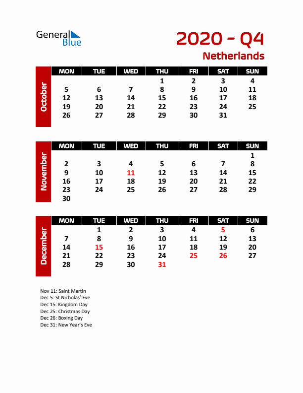 Q4 2020 Calendar with Holidays in The Netherlands