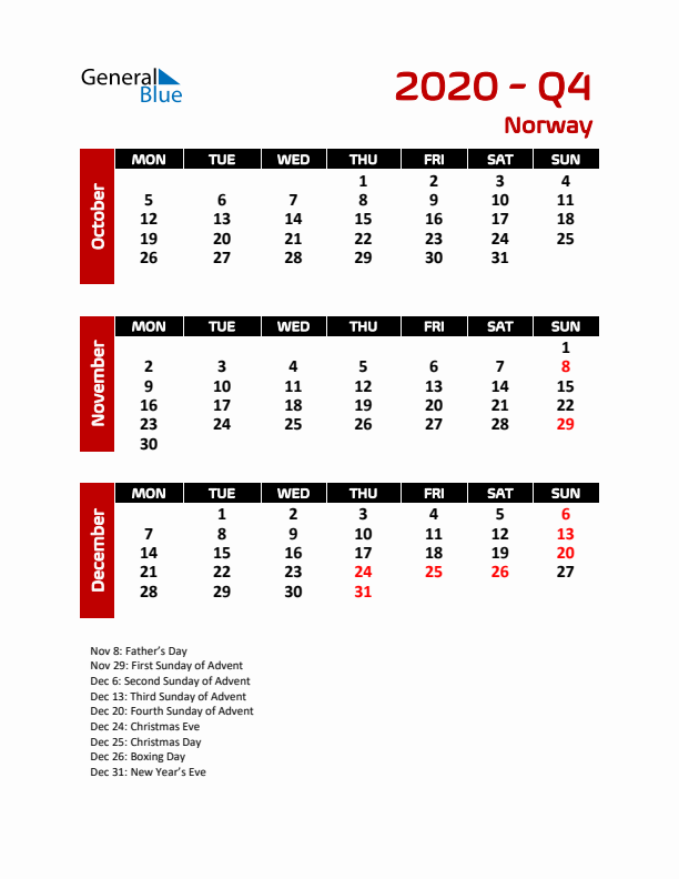 Q4 2020 Calendar with Holidays in Norway