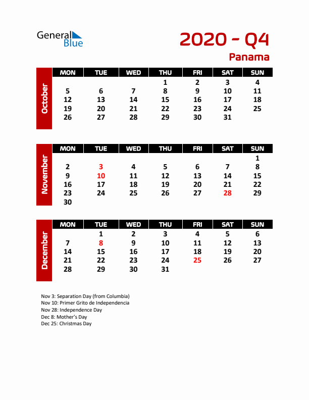 Q4 2020 Calendar with Holidays in Panama