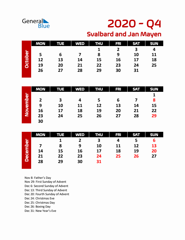 Q4 2020 Calendar with Holidays in Svalbard and Jan Mayen