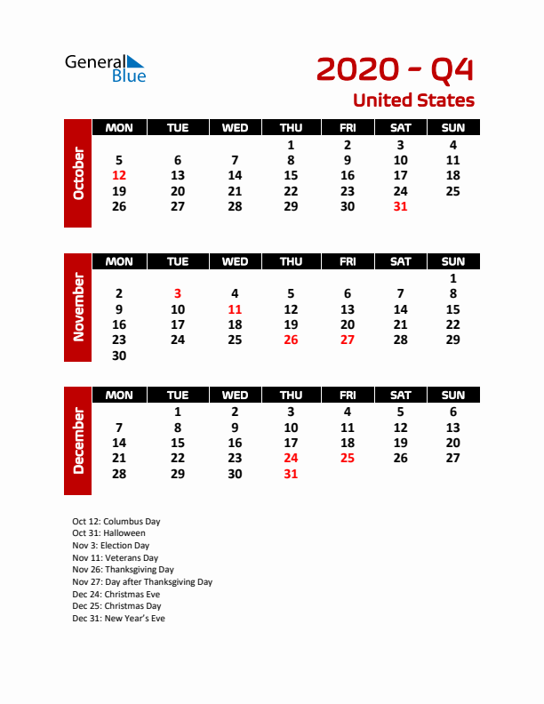 Q4 2020 Calendar with Holidays in United States