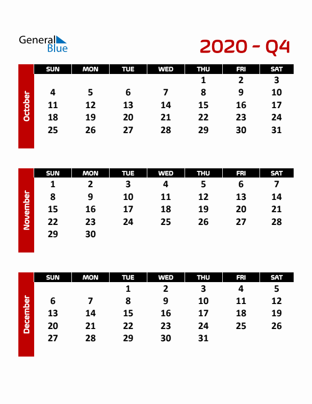 Editable Quarterly Calendar (Sunday Start)