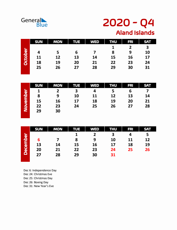 Q4 2020 Calendar with Holidays in Aland Islands