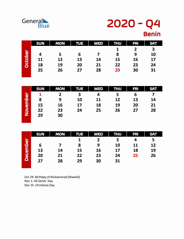 Q4 2020 Calendar with Holidays in Benin