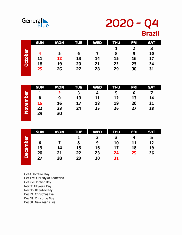 Q4 2020 Calendar with Holidays in Brazil