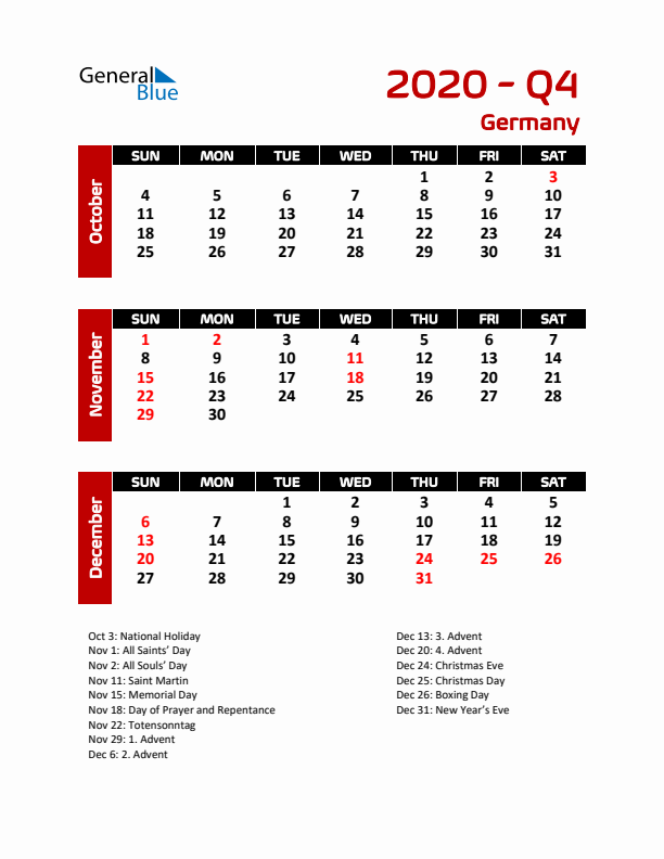 Q4 2020 Calendar with Holidays in Germany