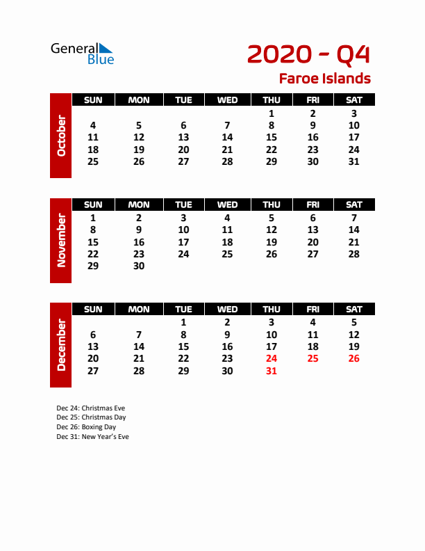 Q4 2020 Calendar with Holidays in Faroe Islands