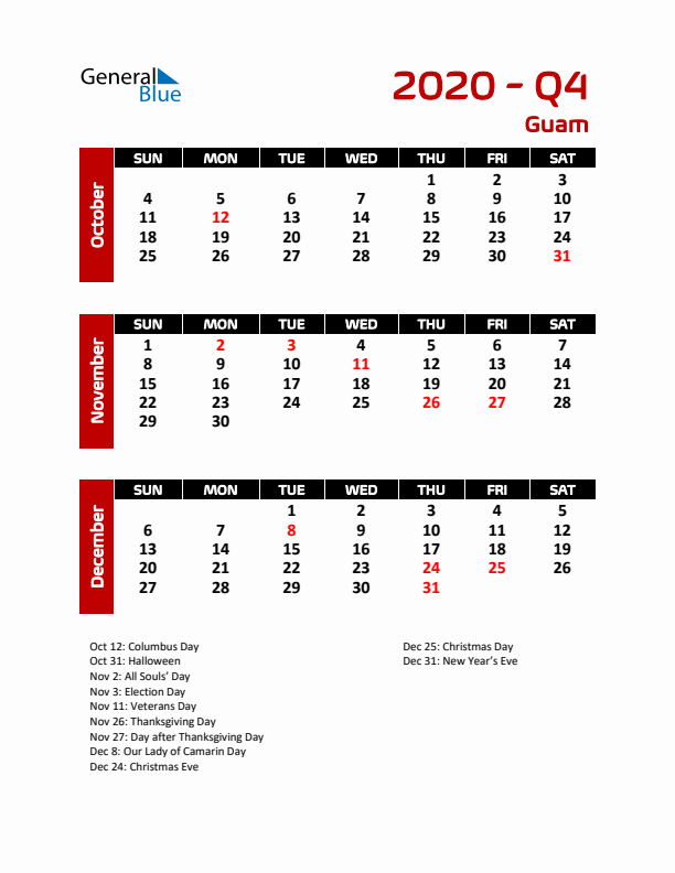 Q4 2020 Calendar with Holidays in Guam