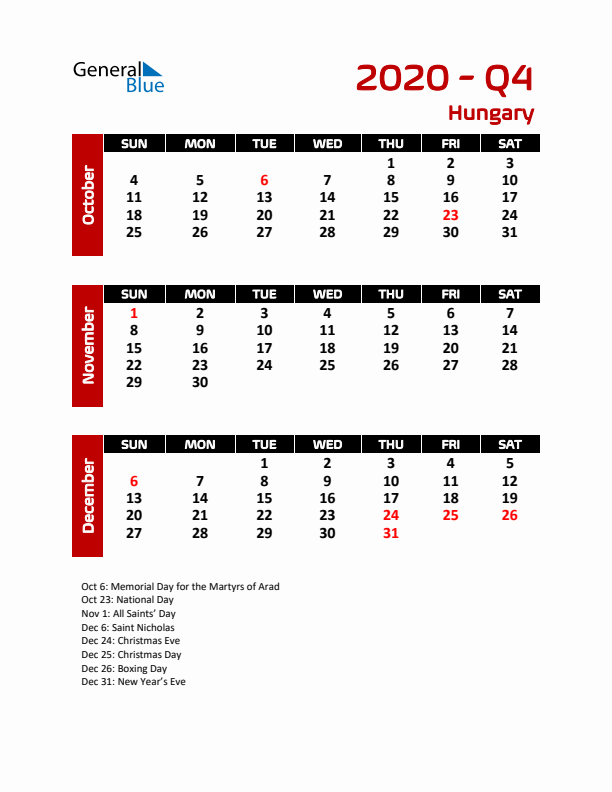 Q4 2020 Calendar with Holidays in Hungary