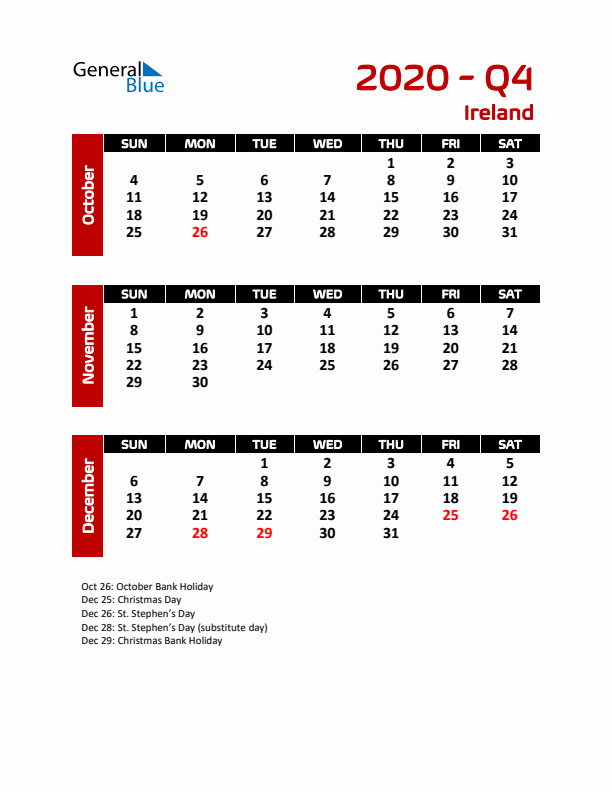 Q4 2020 Calendar with Holidays in Ireland