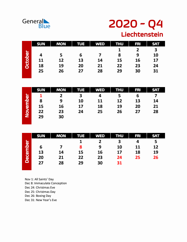 Q4 2020 Calendar with Holidays in Liechtenstein