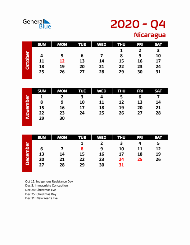 Q4 2020 Calendar with Holidays in Nicaragua