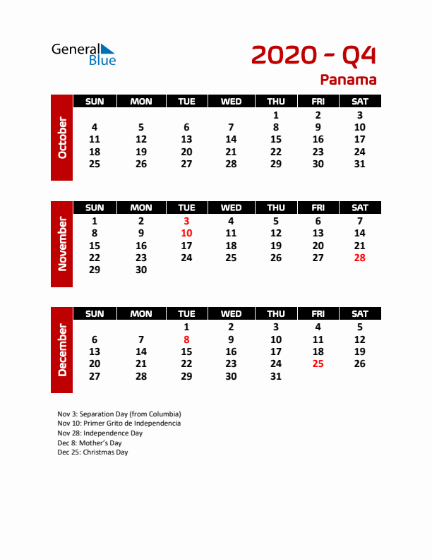 Q4 2020 Calendar with Holidays in Panama