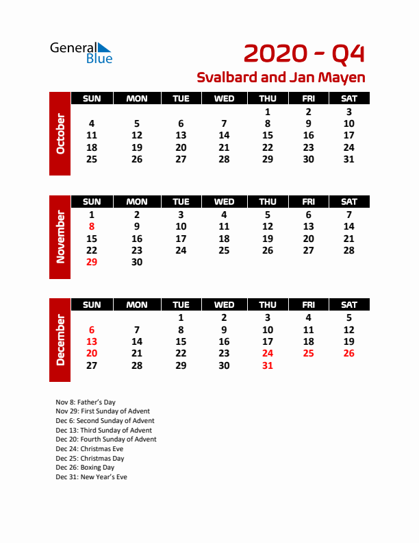 Q4 2020 Calendar with Holidays in Svalbard and Jan Mayen