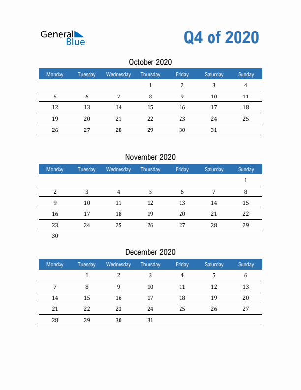 Fillable Quarterly Calendar for Q4 2020