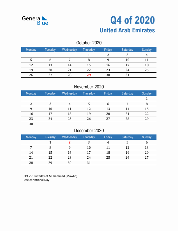 United Arab Emirates Q4 2020 Quarterly Calendar with Monday Start