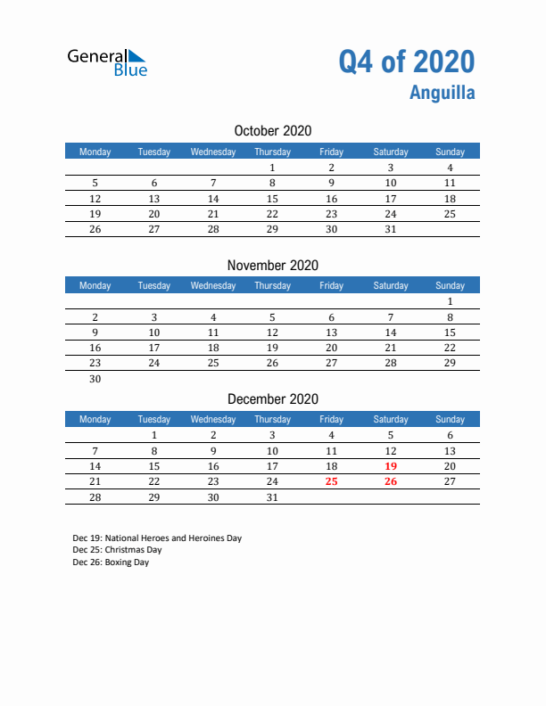 Anguilla Q4 2020 Quarterly Calendar with Monday Start