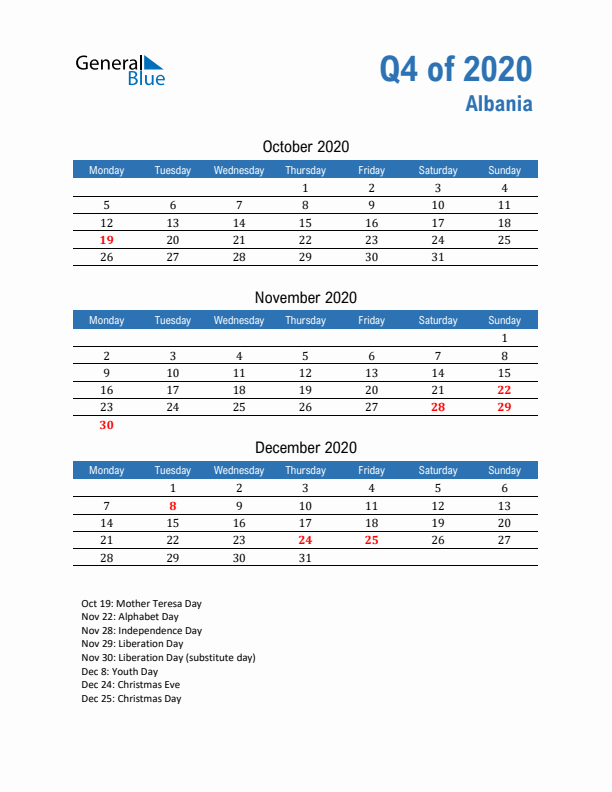 Albania Q4 2020 Quarterly Calendar with Monday Start