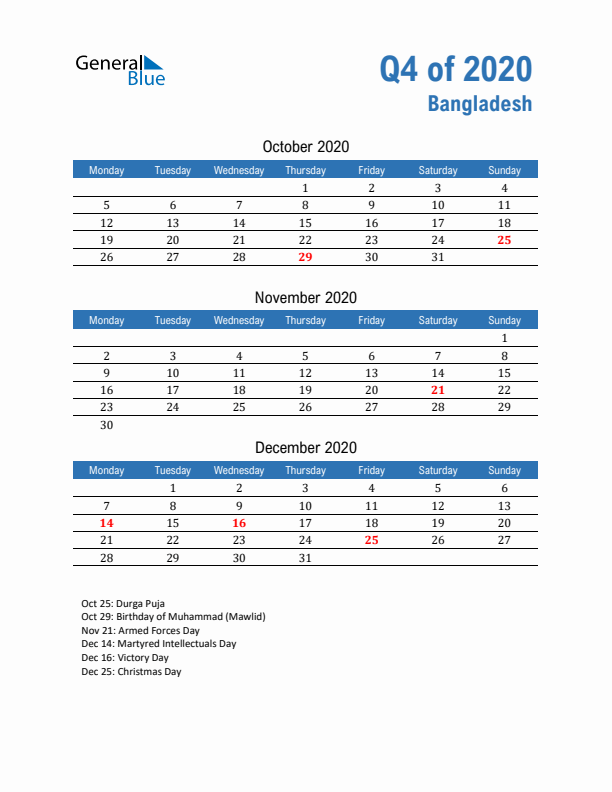 Bangladesh Q4 2020 Quarterly Calendar with Monday Start