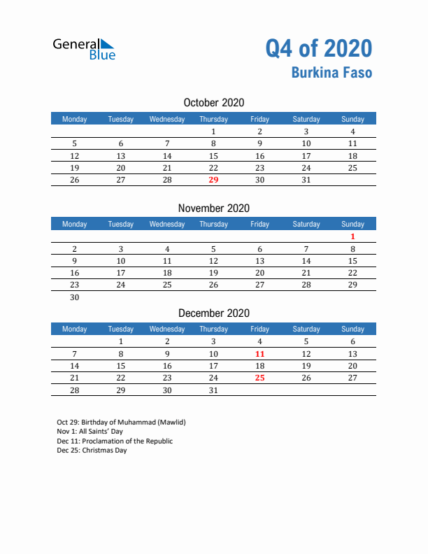 Burkina Faso Q4 2020 Quarterly Calendar with Monday Start