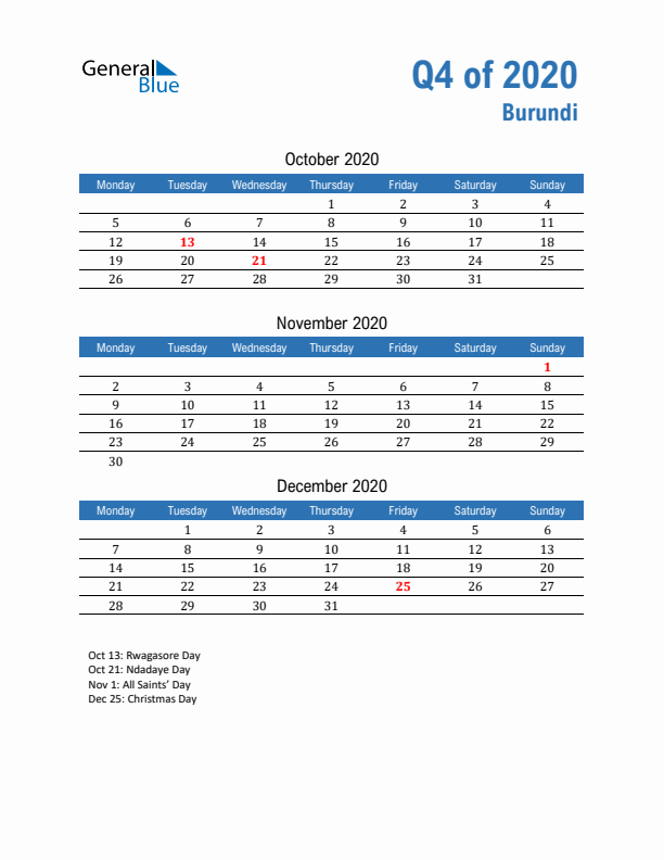 Burundi Q4 2020 Quarterly Calendar with Monday Start