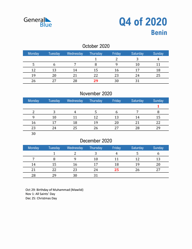 Benin Q4 2020 Quarterly Calendar with Monday Start