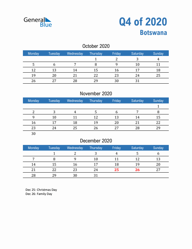 Botswana Q4 2020 Quarterly Calendar with Monday Start