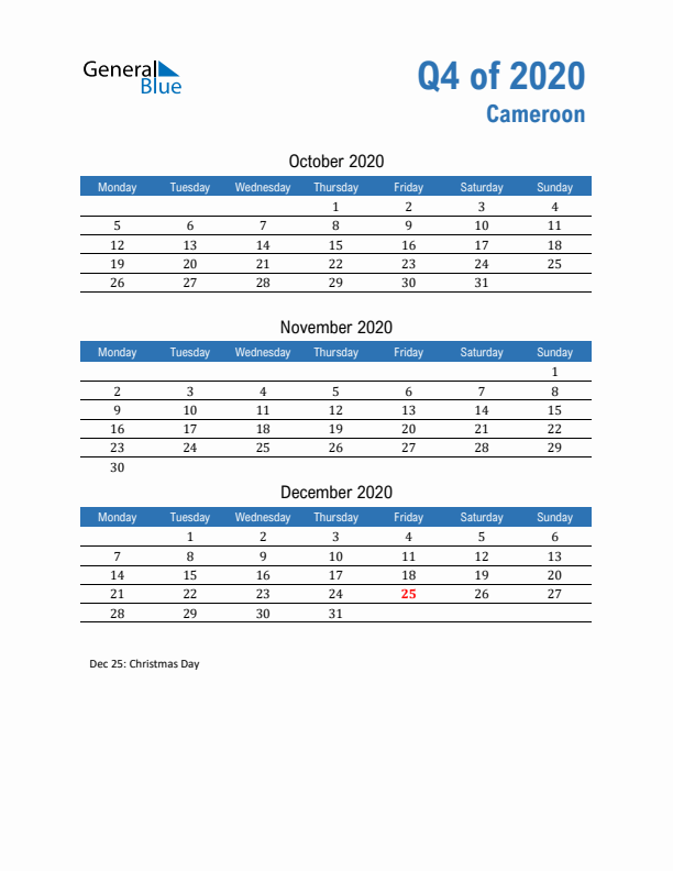 Cameroon Q4 2020 Quarterly Calendar with Monday Start