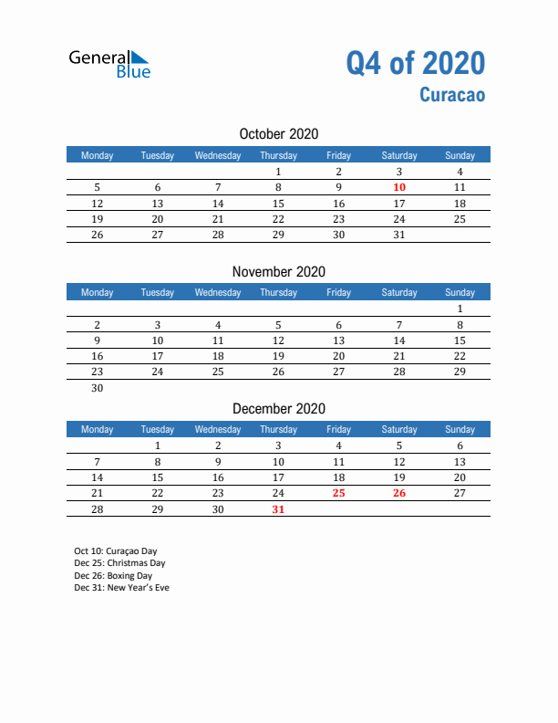 Curacao Q4 2020 Quarterly Calendar with Monday Start