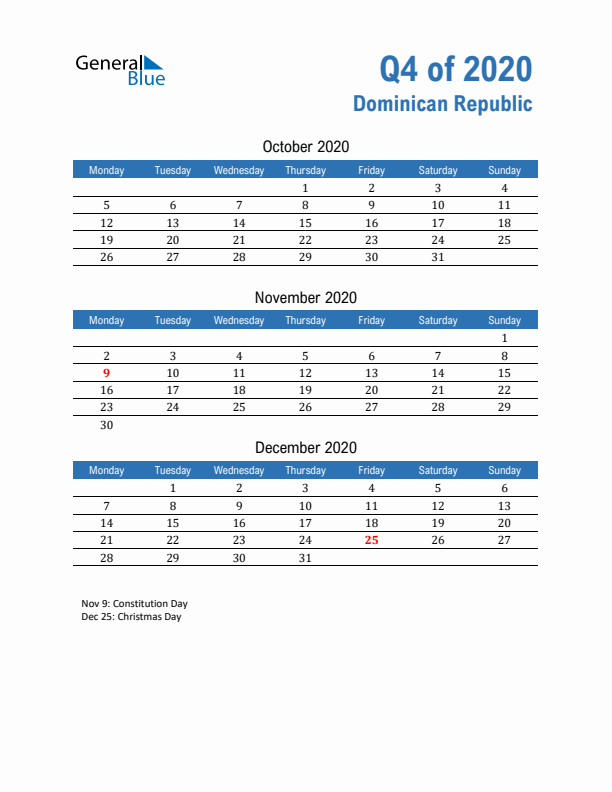 Dominican Republic Q4 2020 Quarterly Calendar with Monday Start